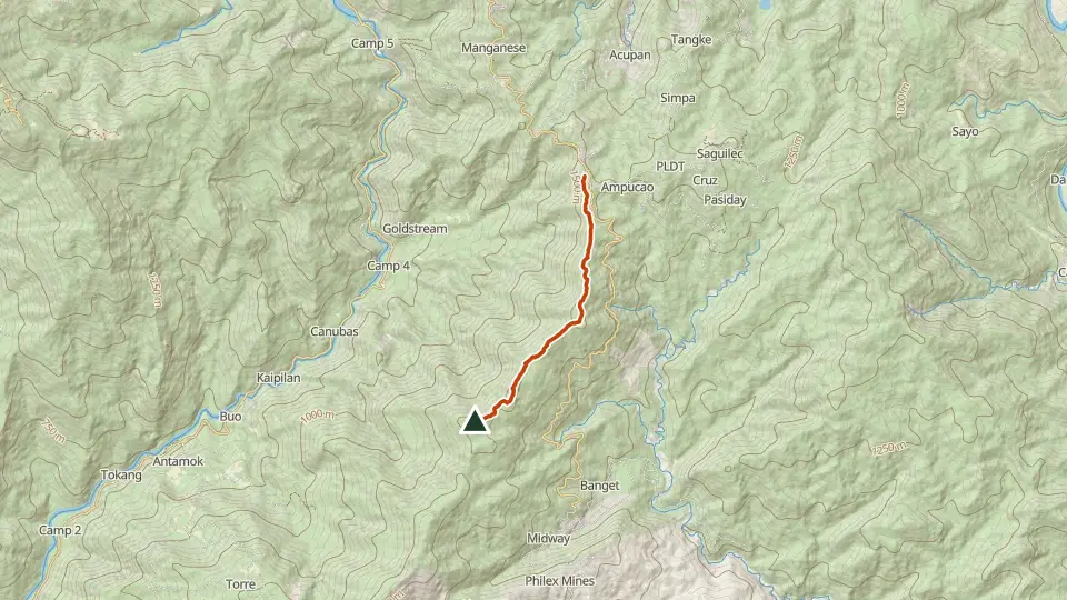 Topographic map of Mt. Ulap with its mapped routes in orange and the summit marked
