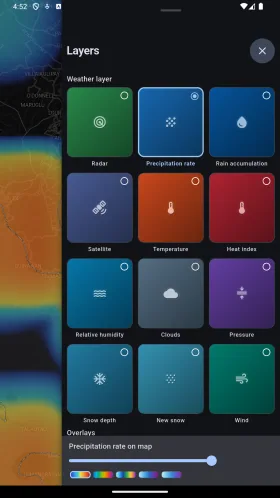Weather layer controls above the regional map