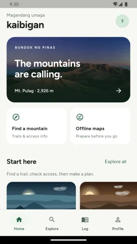 Mountain discovery screen with featured destinations