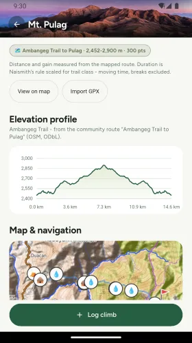 Ambangeg route summary and elevation profile for Mount Pulag