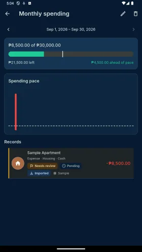 Category budgets showing sample spending progress