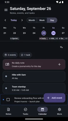 Calendar day with sample events and a task from a note