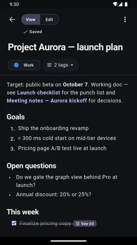 A sample Project Aurora note with a structured launch plan