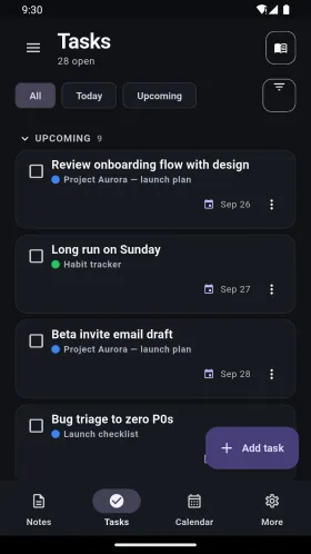 Task list with sample tasks collected from notes