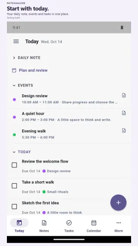 NotesGalore published testing-build screenshot of Today with sample daily note, events and checklist tasks