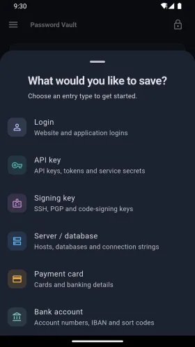 Entry type selector with login, API key and server categories