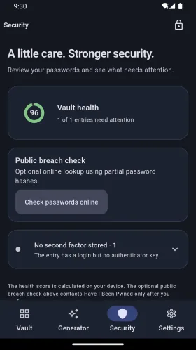 Local vault health screen with password review options