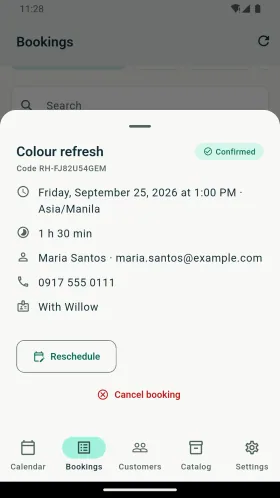 Sample appointment details with staff and rescheduling controls