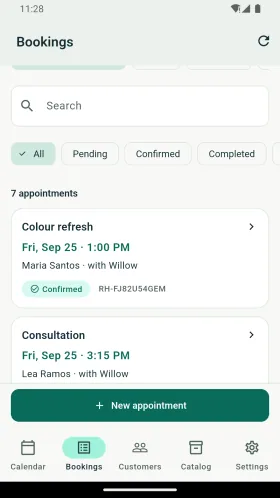 Appointment list with date and status filters