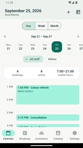 Day calendar with sample appointments for one staff member