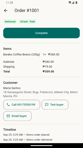 Sample order details with items, totals and order actions