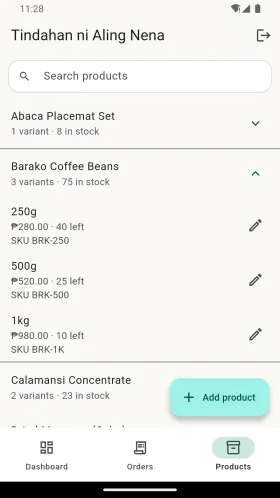 Sample products with SKU, price and stock details