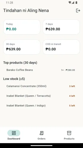 Merchant dashboard with sample sales, top products and low stock