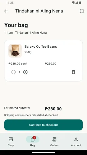 Sample shopping bag with selected variants, quantities and subtotal