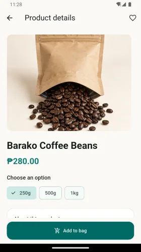 Sample coffee product with variant options, stock and price
