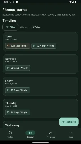 Sample journal containing weight entries and meals
