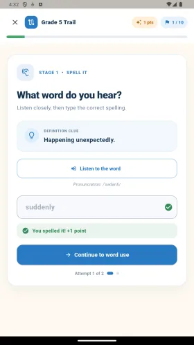 Spelling exercise showing feedback for a correct answer