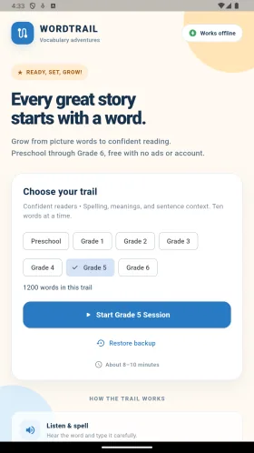 WordTrail welcome screen with grade selection