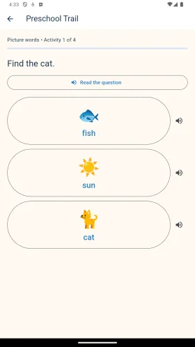 Preschool word exercise with cat, sun and fish picture choices