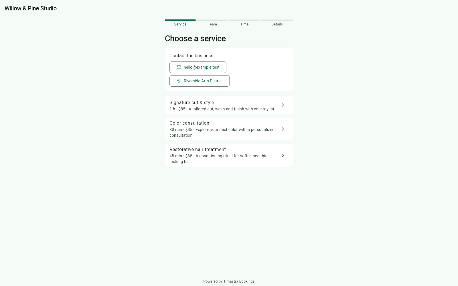 Timastra Bookings public booking page for a sample service business