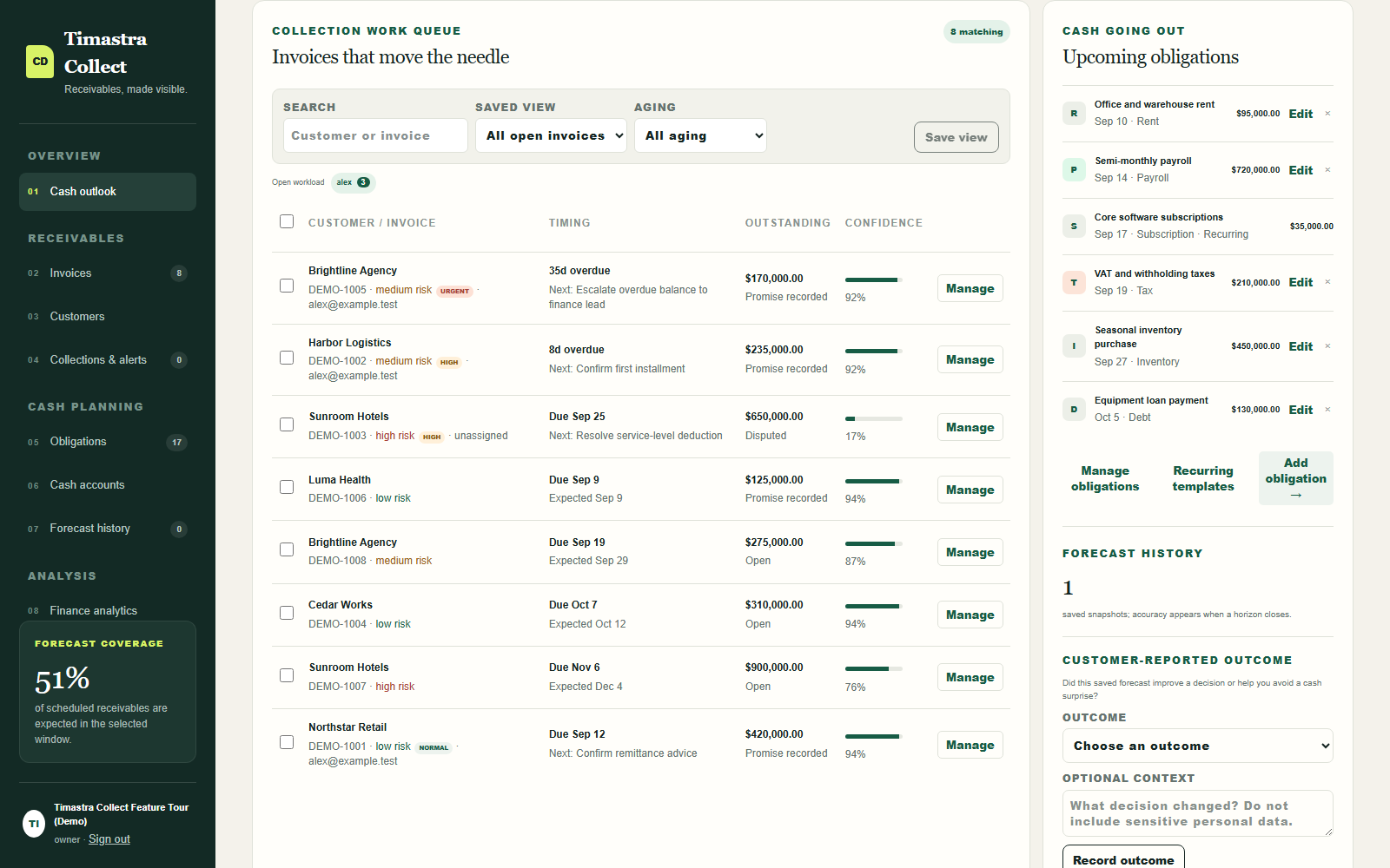 Timastra Collect invoice workspace showing sample customers, balances and collection status
