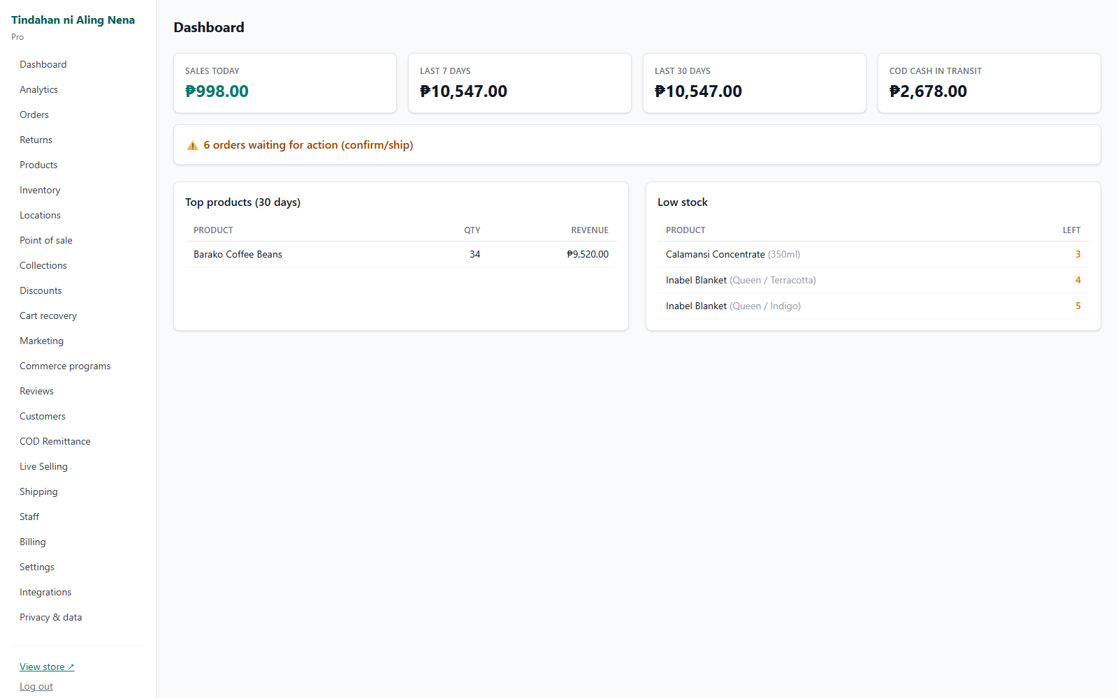 Timastra Commerce merchant dashboard with sample sales and order activity