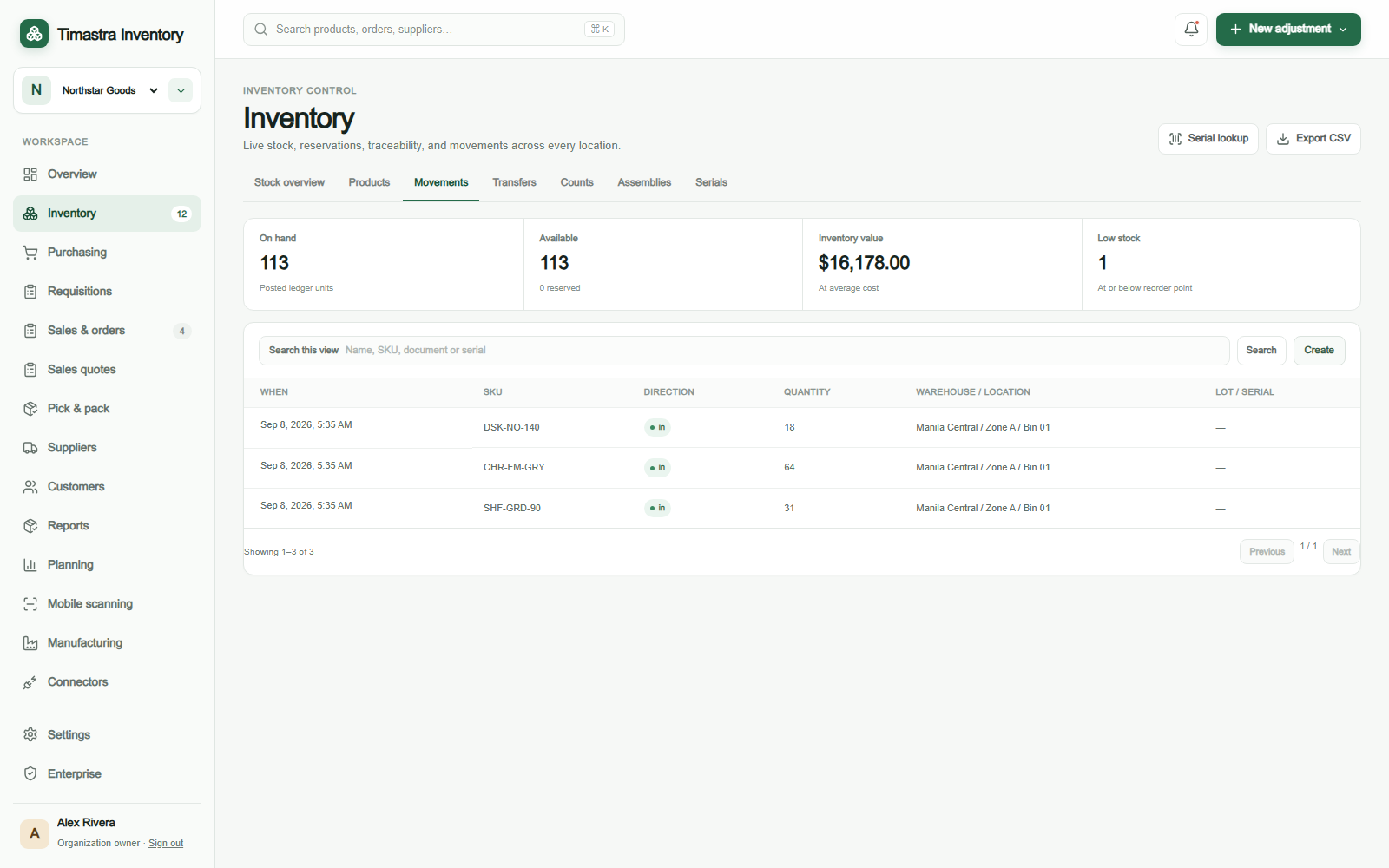 Timastra Inventory stock movement records for a sample multi-warehouse business