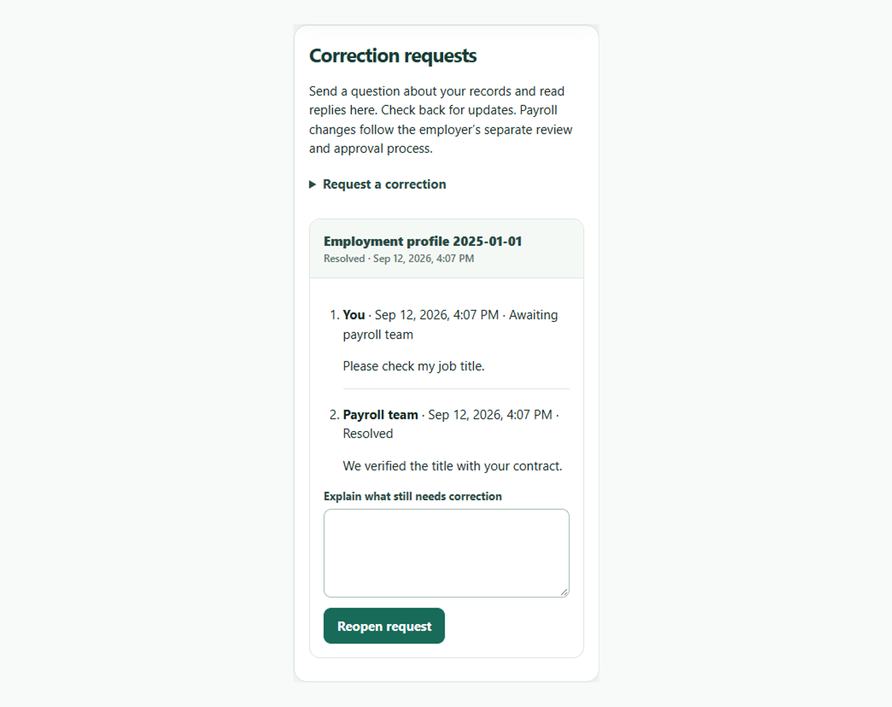Timastra Payroll employee correction request view with synthetic sample data