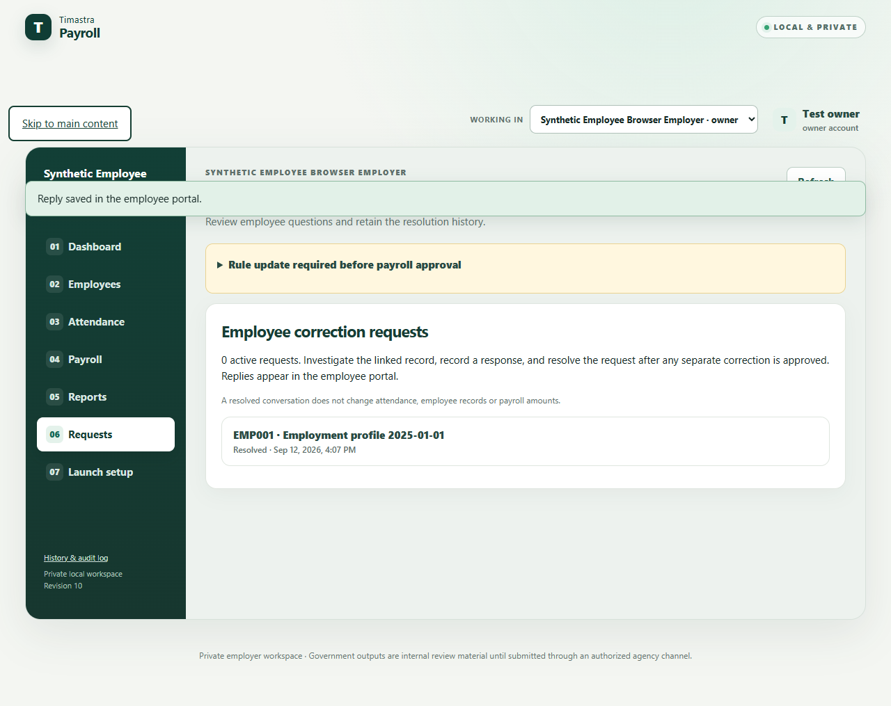 Timastra Payroll employer workspace showing a resolved correction request for synthetic sample data