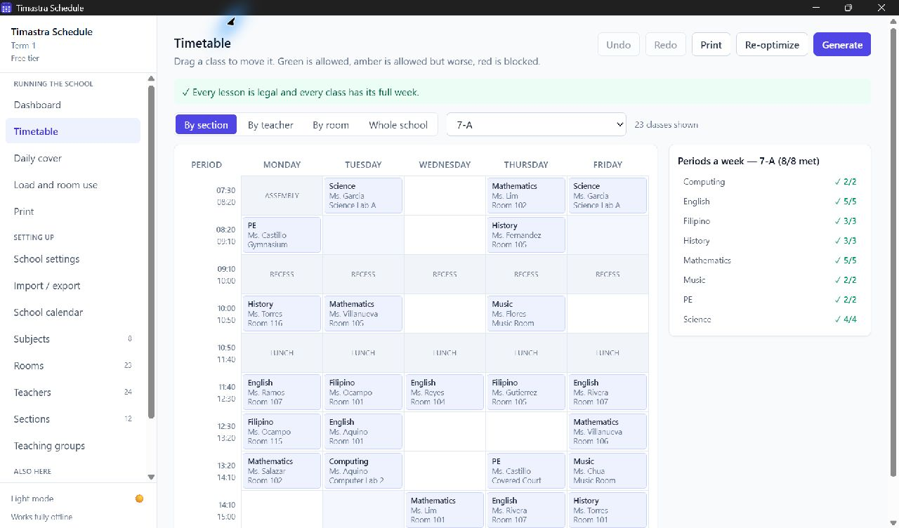 Timastra Schedule desktop timetable using a fictional sample school