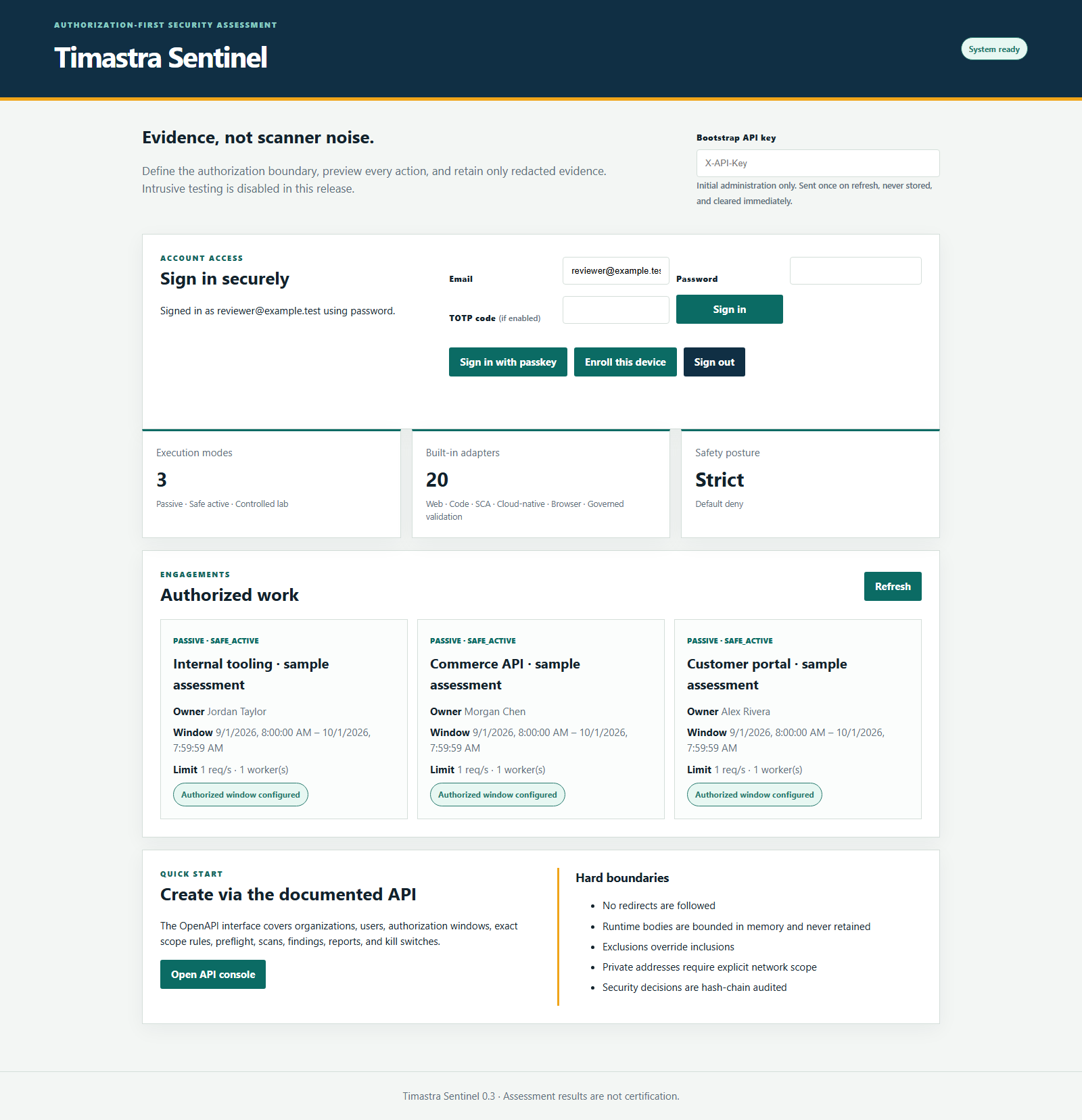 Timastra Sentinel authorized assessment workspace with synthetic sample engagements