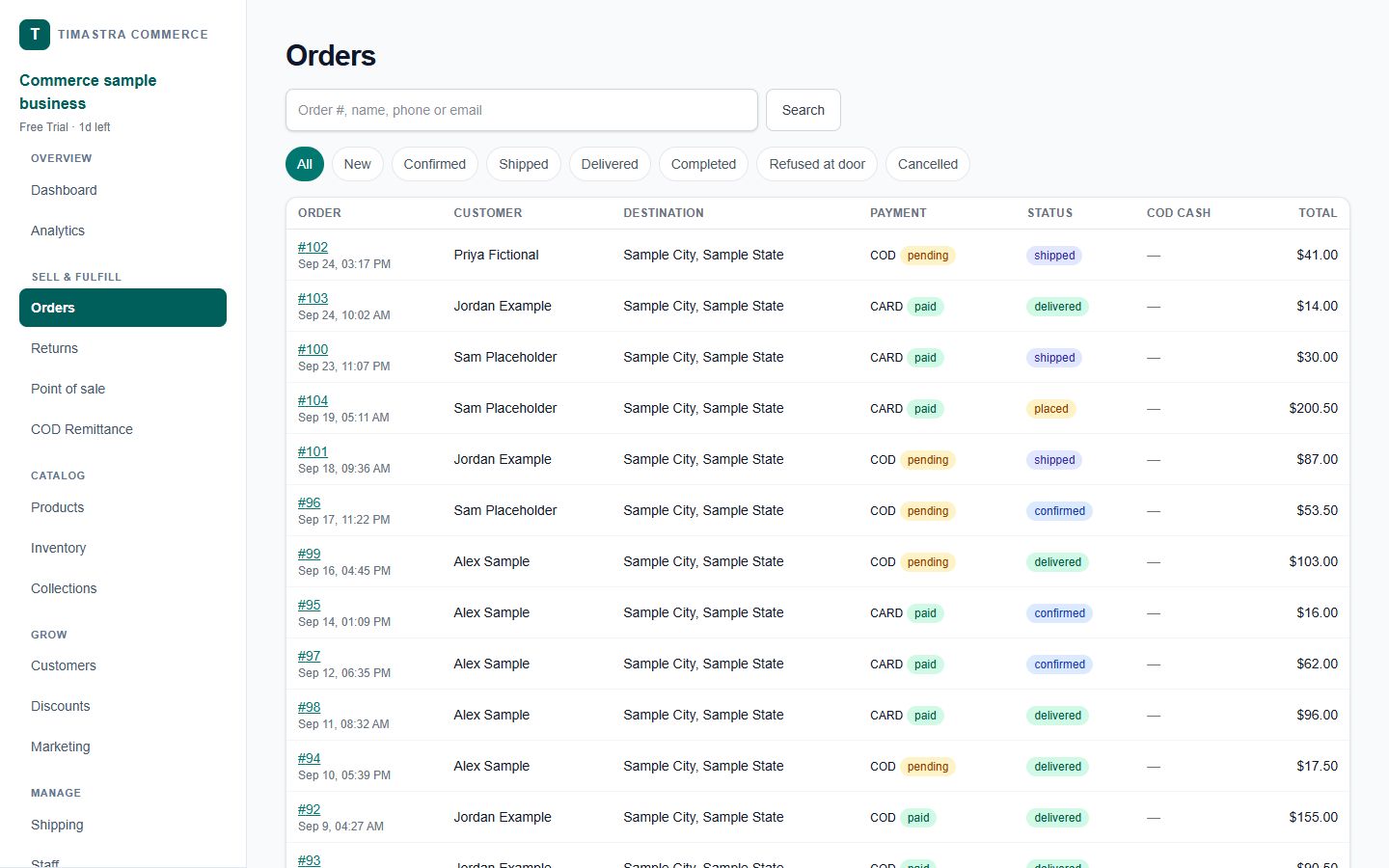 Timastra Commerce order list with sample customers, card and cash-on-delivery payments and USD totals