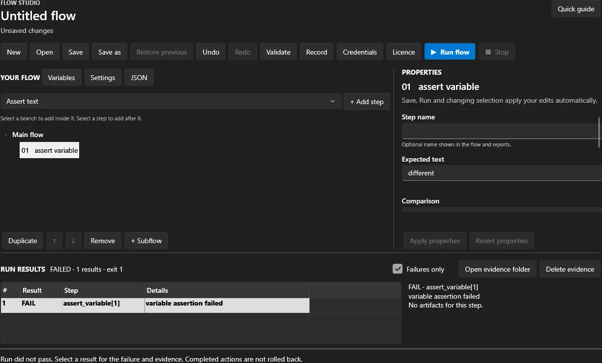 Deskrun Flow Studio in the dark theme after a failed run, showing one failed variable assertion with exit 1 and the Failures only filter selected