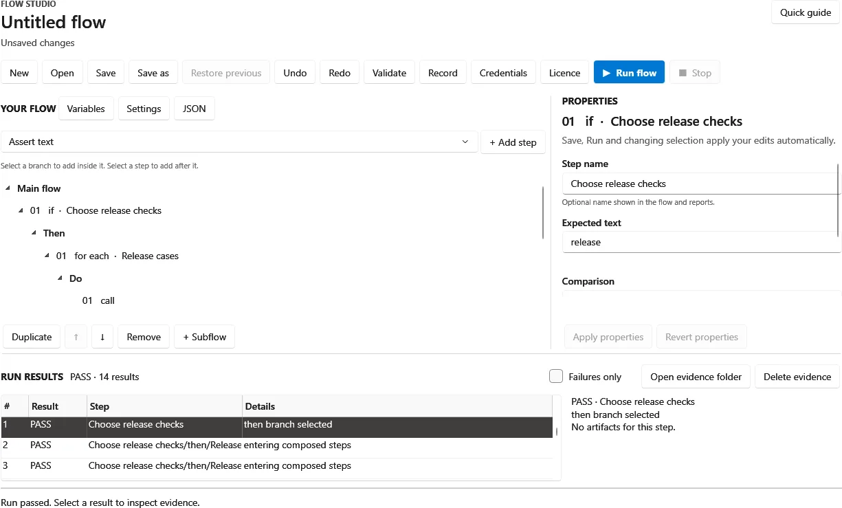 Deskrun Flow Studio in the light theme with a sample flow's if and for-each steps, the selected step's properties and a passing run with 14 results