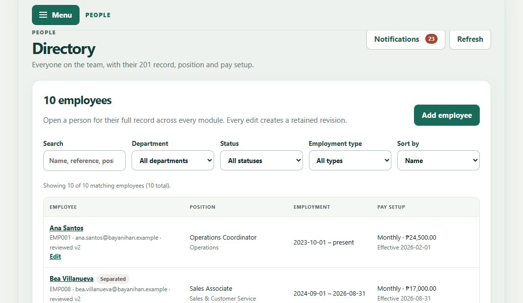 Timastra HRIS employee directory with filters and sample employee positions, employment dates and pay setup